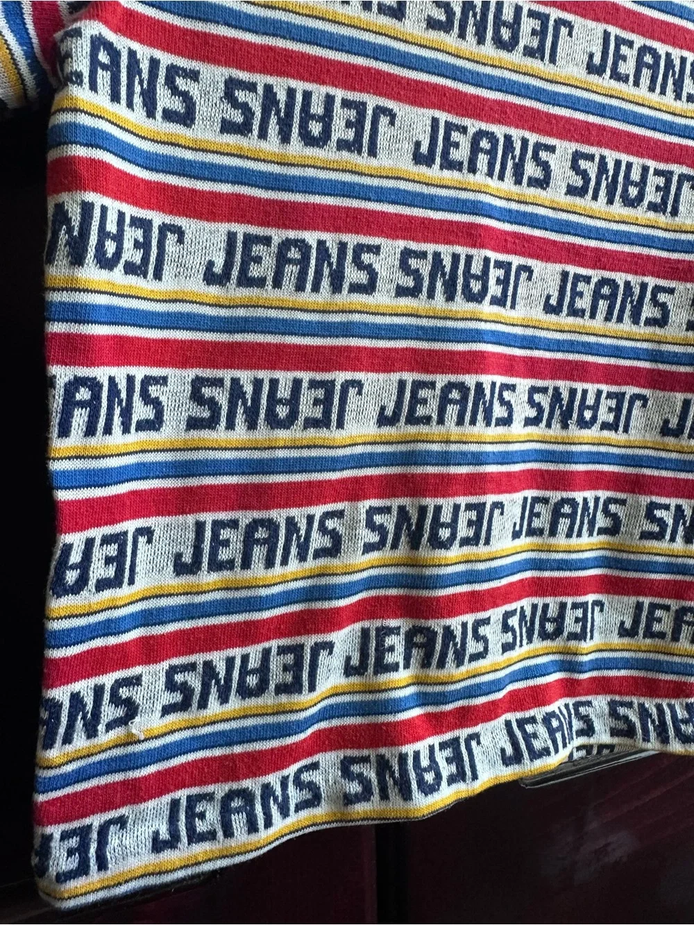Vintage Striped 'JEANS' Logo Tee - Red, Blue, Yellow & White